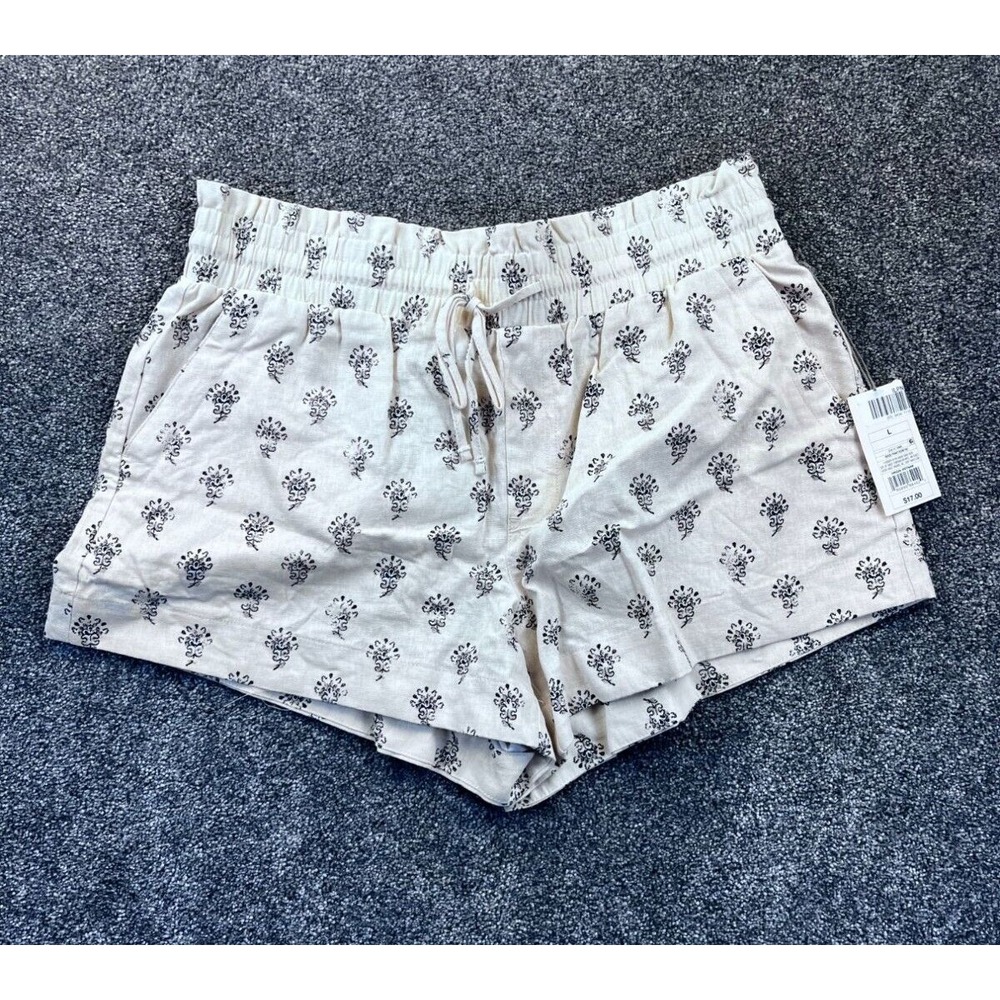 A New Day Womens Beige Printed Drawstring‎ Shorts Linen & Rayon Size L